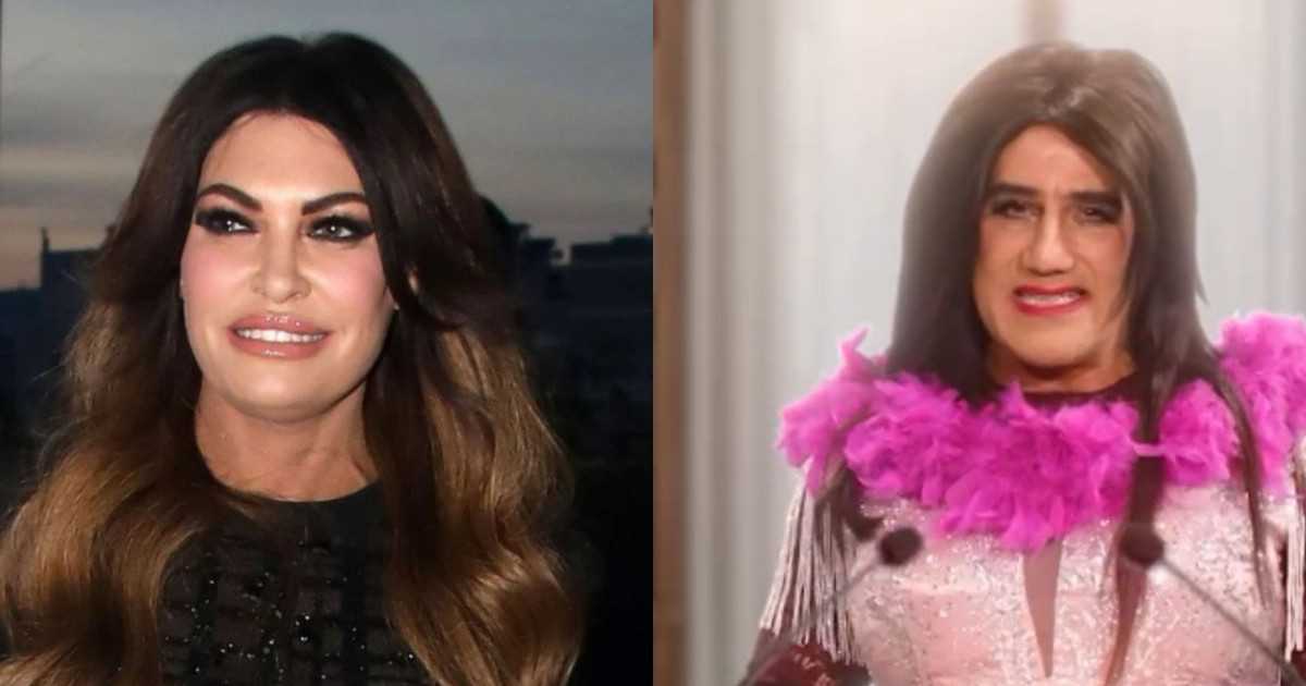 Kimberly Guilfoyle next to a man dressed in drag with pink boa