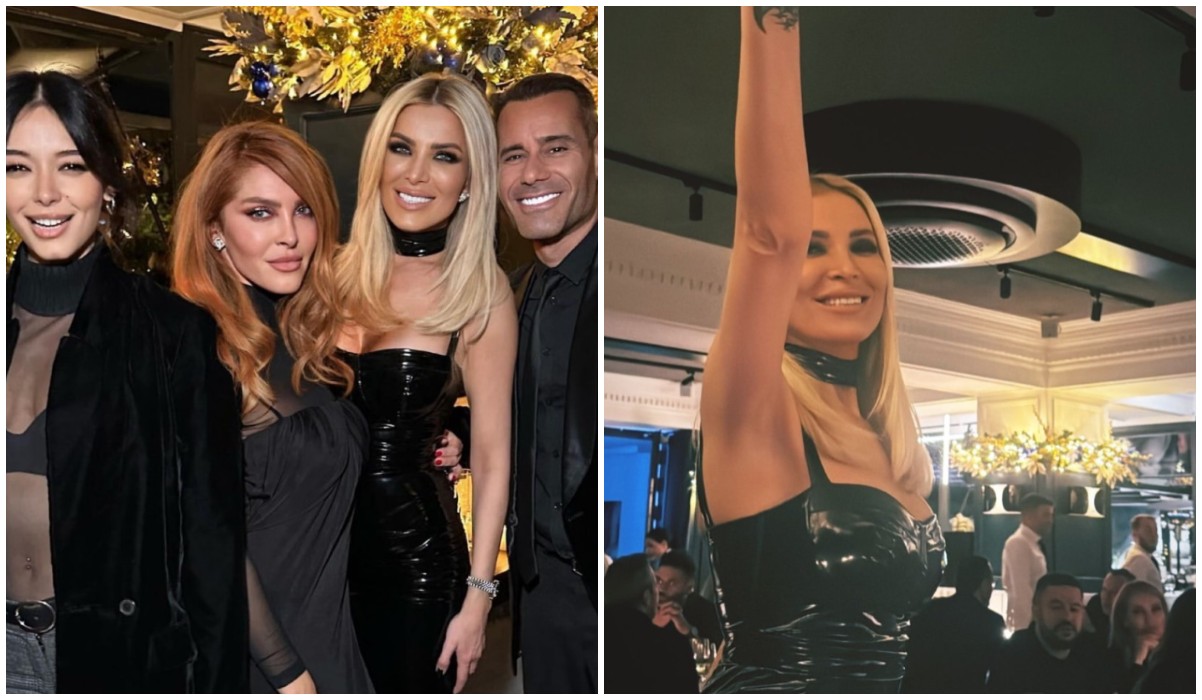 Katerina Kaynorgiou: in a vinyl dress at her birthday party – pictured with Nikos Koklonis and Vicki Kaya