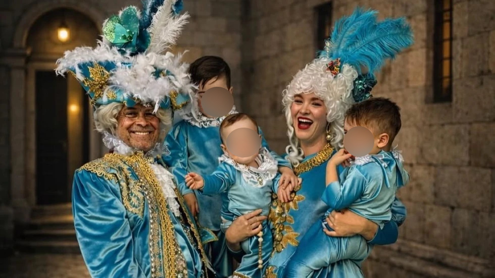 Χάρης Χριστόπουλος – Ανίτα Μπραντ: Με τα τρία τους παιδιά στο καρναβάλι της Λευκάδας με βενετσιάνικες στολές